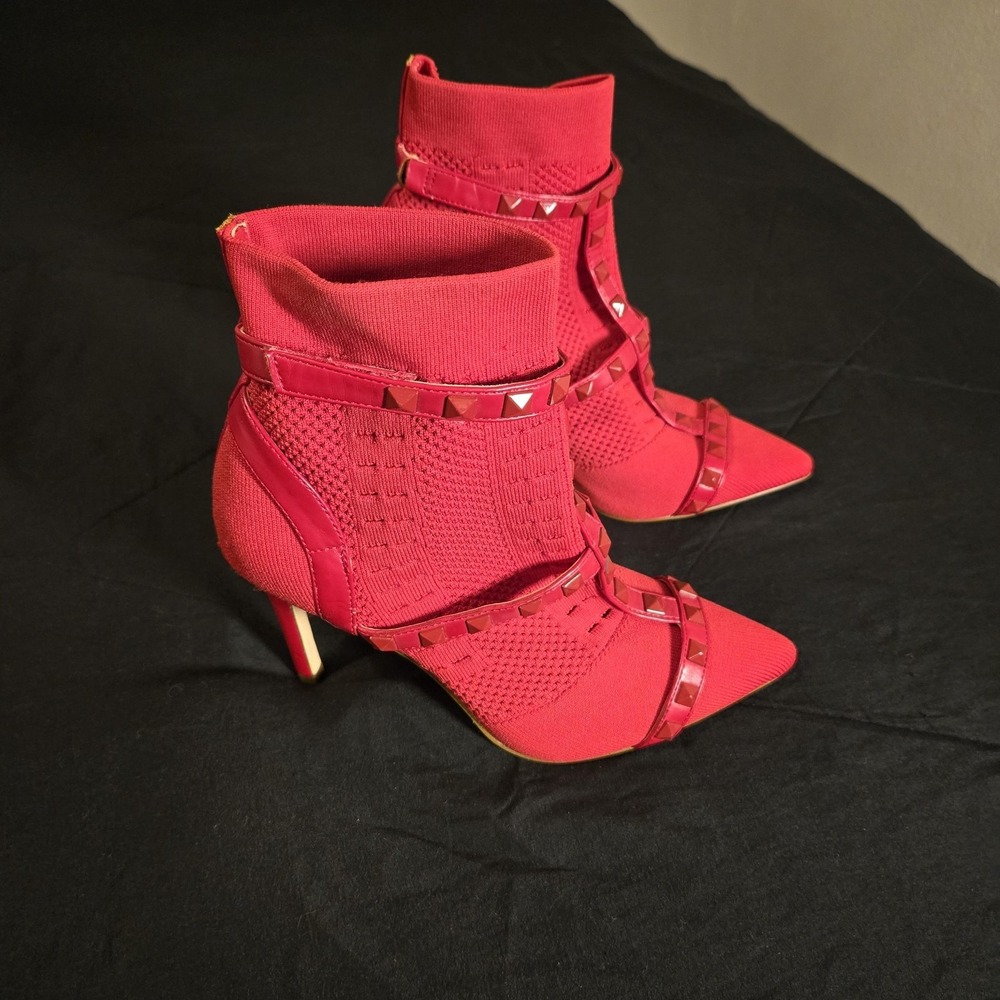 Jessica Simpson Booties Womens Size 7 Red Luzita‎ 2 Sock Ankle Studded Heel